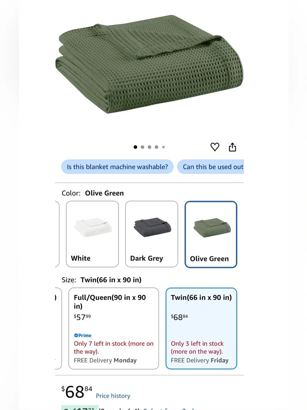 Madison Park Olive Green Cotton Waffle Weave Twin Blanket Lightweight NWT